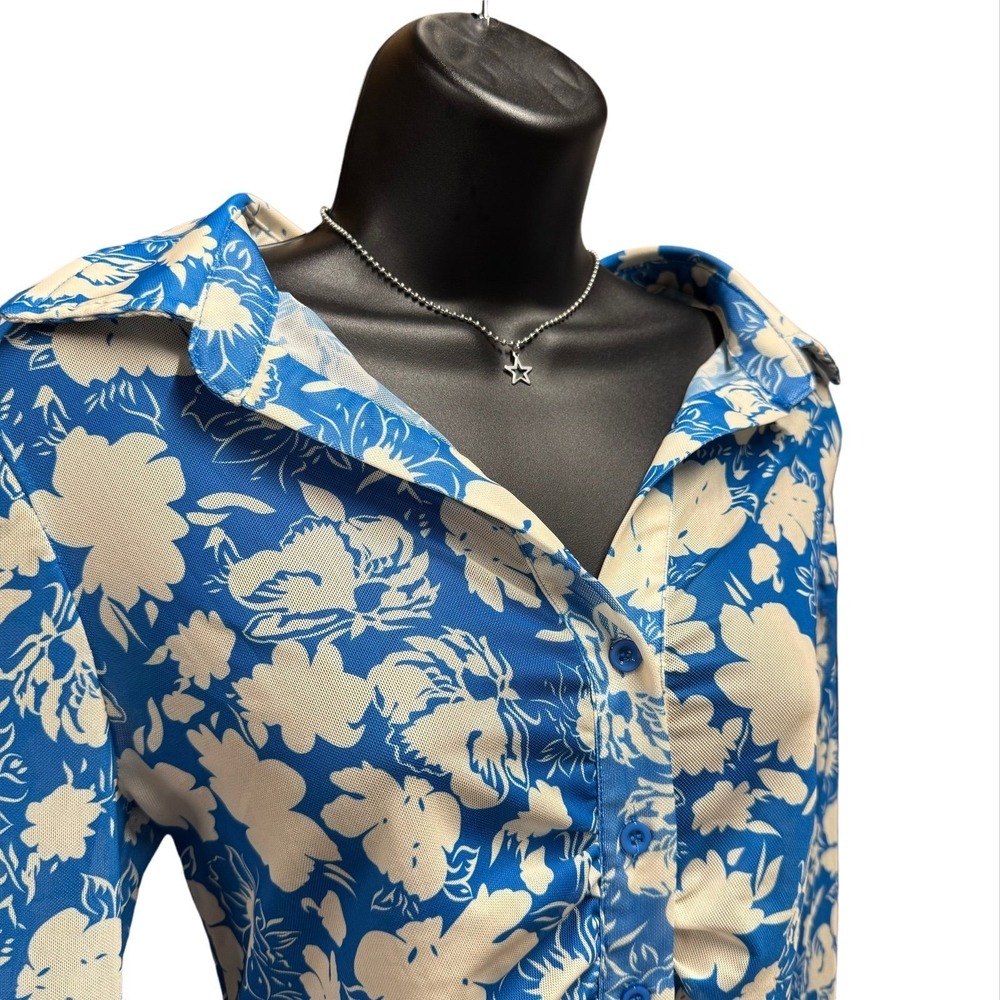 Y2K Mesh Rouched Button Top - Large - Blue and Offwhite Flowers Rave Festival - Picture 3 of 10
